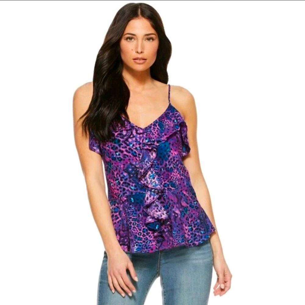 Sofia Jeans Vivid Violet Leopard Print Ruffle Front Cami Top, Women's Small NWT